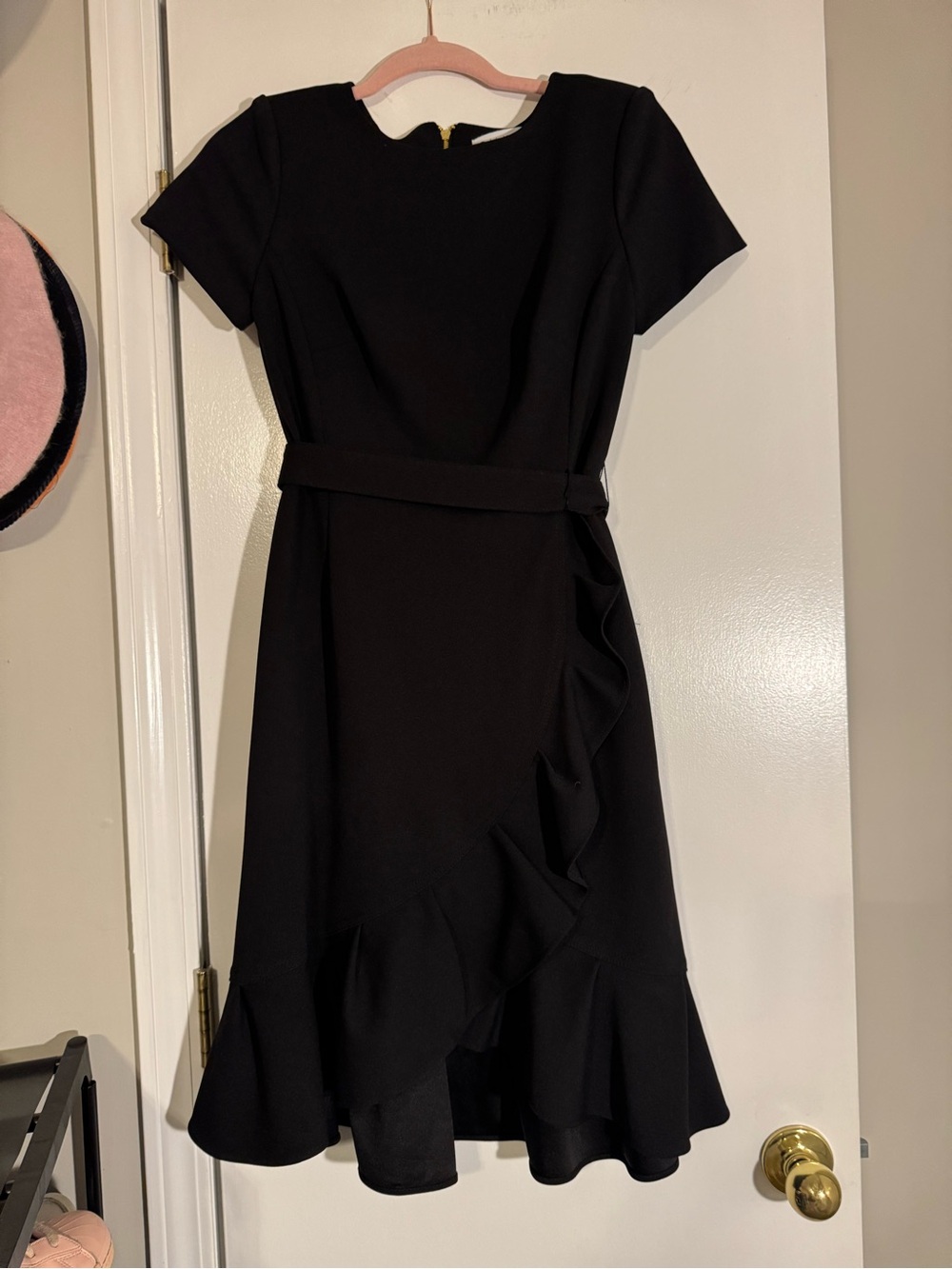 Calvin Klein Black Ruffle-Trim Midi knee length Dress office work interview